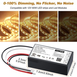 12V Dimmable LED Driver, 60W Triac ELV/MLV LED Transformer Compatible with Lutron&Leviton Switches, Dimmable Power Supply 60W 12V for Light Stirps, Smooth Flicker Free Dimming