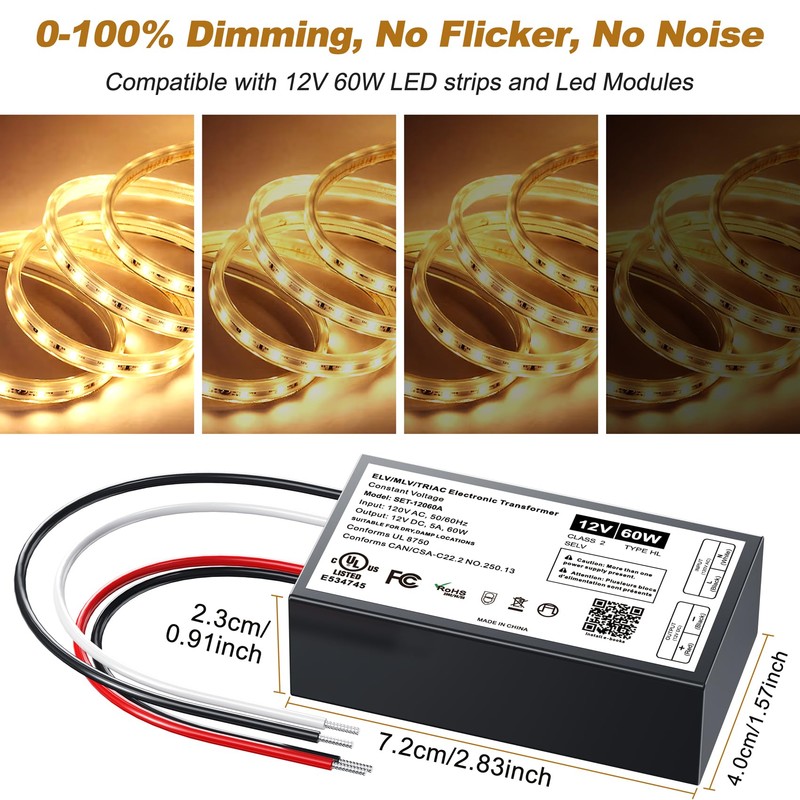 12V Dimmable LED Driver, 60W Triac ELV/MLV LED Transformer Compatible