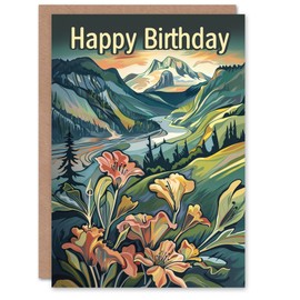 Artery8 Birthday Card Lily Flowers Scenic Mountain Landscape Sunrise for Her Gran Sister Niece Daughter Wife Woman Greeting Card
