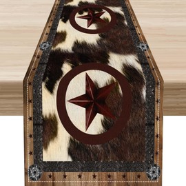 Western Table Runner, Rustic Texas Star Brown Cow Print Skin Cowhide Farmhouse Cottage Country Table Center Decor for Home Kitchen Dining Party Patio Indoor Outdoor Table Decorations, 13"x90" Inch