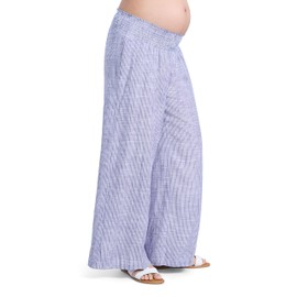 Motherhood Maternity Women's Smocked Waist Wide Leg Pregnancy Summer Casual Pants, Blue Stripe, Small