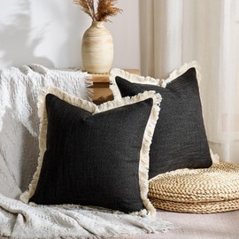 Boho Pillow Covers 20x20 Faux Linen Couch Pillow Covers Farmhouse Rustic Decorative Pillows Case with Fringe Black Square Cushion Covers for Sofa Bedroom Living Room Home Decor Set of 2