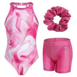 JiAmy Girls Gymnastics Leotards with Shorts Ballet Dance Clasp Back Biketards Gymnastic Clothes for Kids Rose Red 5-6 Years