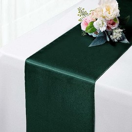 5 Pack Satin Table Runner, 12 x 108 Inch,Premium Silk Table Runners, Chair Sashes Bow, Washable Table Runners for Wedding Party Events Decoration,Birthday, Banquets (Dark Green)