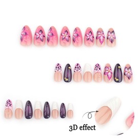 3D Flower Press on Nails Medium Almond French Leopard False Nails Rhinestones Design Design Full Cover Coffin Nails Artificial Stick on Nails Reusable Glue on Nails for Women 24Pcs