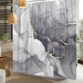 Kzzfqxb 105x160cm Shower Curtains with Plastic Hooks, Waterproof Occluded Grey Marble Texture Golden Curve Lines Flowing Smoke Art Pattern for Bath, Polyester Fabric for Bathroom Bathtub
