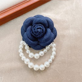 Wool Camellia Flower Pearl Tassel Brooches Pins Delicate Flowers Brooch Classic for Wedding Party Dance Banquet for Women Dainty Elegant Lapel Pins Dress Suit Accessories (Blue)
