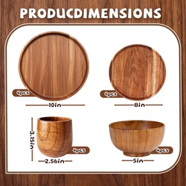 Wood Dinnerware Set,8 Inch 10 Inch Round Plates,Bowls and Cups,16 Pcs