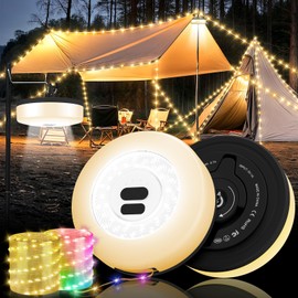 Camping String Lights, 4 in 1 Quick Storage Camping Essentials Gear 32.8FT Rechargeable Tent Lights with 9 Modes Warm +RGB Waterproof Camp Lamp for Camping Hiking Patio Garden Festival (Black Shell)