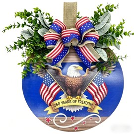 Memorial Day & 4th of July Patriotic Wreath, 12" Wooden Decor with Artificial Flowers, USA 250th Anniversary Sign for Front Door, Garden, Patios, Windows Decor