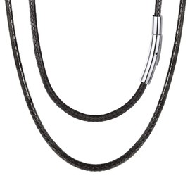 FOCALOOK Necklace / Bracelet, Fashion Faux Leather Necklace, Wax Cord Necklace, 2 mm or 3 mm Wide, Black Braided Leather Necklace, Gothic Leather Cord with Stainless Steel Clasp, 40 / 45 / 50 / 55 / 60 / 65 / 70 / 75 cm, Stainless Steel