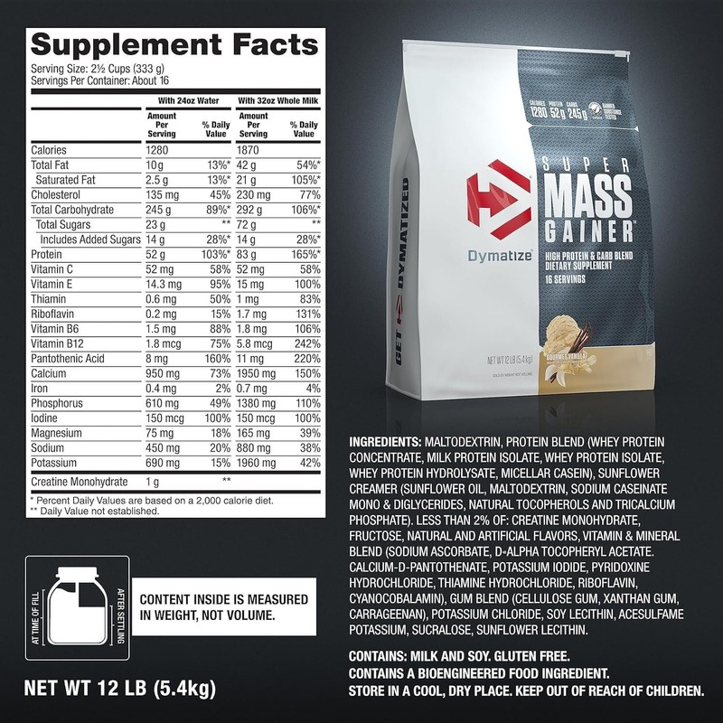 Dymatize Super Mass Gainer Protein Powder, Gourmet Vanilla, 52g Protein,