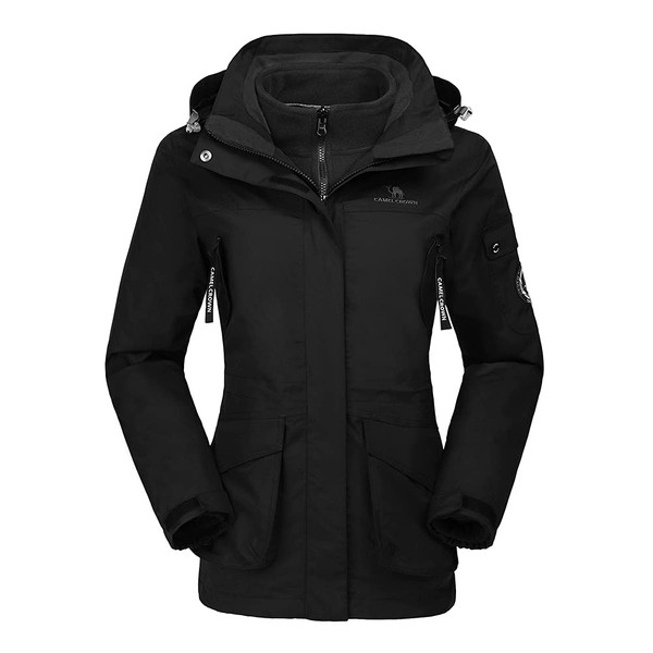 CAMEL CROWN Womens Waterproof Ski Jacket 3-in-1 Windbreaker Winter Coat Fleece Inner for Rain Snow Hiking Outdoor Black