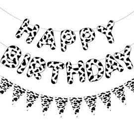 Cow Happy Birthday Bunting Banner with Cow Print Pennant Banner, Farm Cow Print Birthday Party Supplies, Barnyard Western Cowboy Cowgirl 1st 2nd 3rd Birthday Party Decor