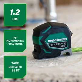 Metabo HPT Measuring Tape, 25' TruRange, Long Reach 17-ft, High Visibility Green Blade, 1/8" Incremental Fractions, Durable Extruded Nylon Coated Steel, Lightweight Design, 115925M