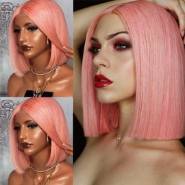 QD-Tizer 13x6 Lace Front Wig Pink Bob Wigs for Fashion Women Short Straight hair Synthetic Wigs with Natural Hairline 14 Inch