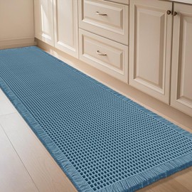 IM HOME Extra Large Waffle Bath Mat Blue 6'x2'(72" x 24"), Boho Woven Modern Bath Mat Rugs, Absorbent Non Slip Bathroom Rugs, Soft Washable Bath Rugs with Tassels for Bedroom, Kitchen, Shower, Tub
