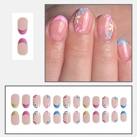 French Tip Press On Nails Short Almond Fake Nails Acrylic Nails Press Ons Full Cover False Nails With Flower Designs Artificial Glossy Nails Short Glue On Nails Stick On Nails For Women