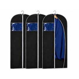 AKORD 3 Pack Breathable 47" Garment Bags for Suits, Dresses & Coats, Long Clothes Covers with Zip & Clear Window, Non-Woven Dust Covers, Foldable Storage Bags, Black, 117 cm x 59 cm