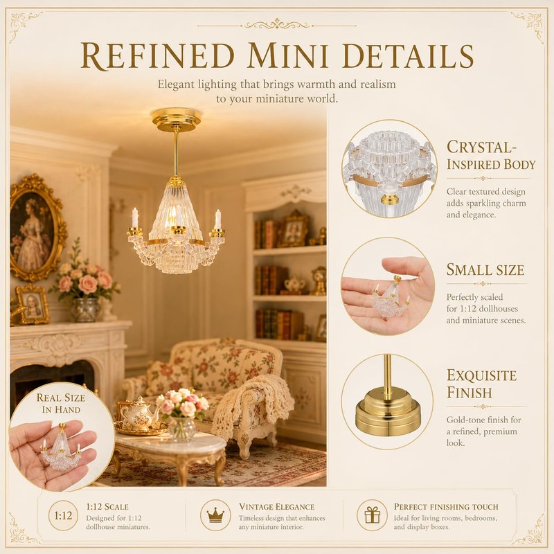 NUOBESTY 1Pc Dollhouse Chandelier Light, 1:12 Scale Miniature Ceiling Lamp