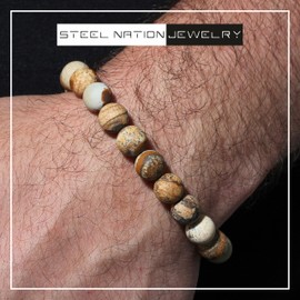 Men's Stainless Steel Brown Agate River Rock 10mm Bead Beaded Bolo Bracelet - 8-1/2"-11-1/2"