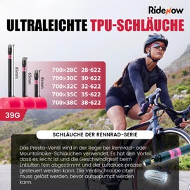 RideNow 700C TPU Bicycle Inner Tube Compatible with 700 x 28/30/32/35/38C, Pack of 2 Road Bike Inner Tubes, 39 g, Ultralight All-Road Tube with Presta Valve 65 mm