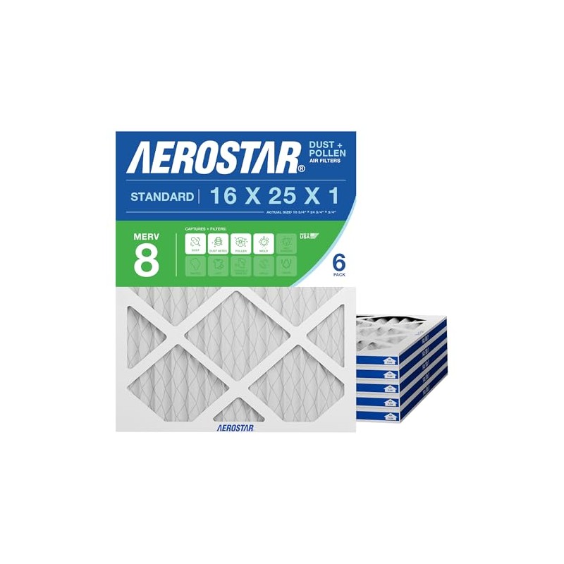 Aerostar 16x25x1 MERV 8 Air Filter, 6 Count, ACTUAL SIZE