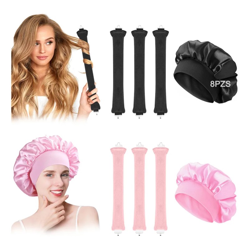 8pz Curly Ondas En Cabello Rizos Sin Calor Tubo+ Gorro