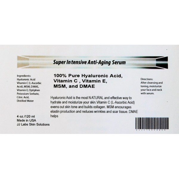 Super Intensive Anti-Aging Serum, 100% Pure Hyaluronic Acid, Vitamin C, Vitamin E, MSM, and DMAE (4oz)