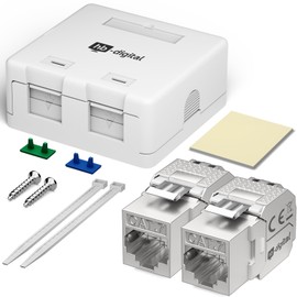 hb-digital Connection Box 2 Port Keystone Module CAT 7 Surface-Mounted Network Socket with Pre-Assembled Shielded RJ45 Modules - LAN Socket for 10 Gigabit Ethernet - White