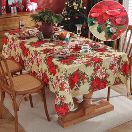 SASTYBALE Christmas Tablecloths Rectangular, Printed Xmas Table Cloth with Poinsettia Flowers and Holly Berries, Spillproof Polyester Table Cover for for Party Winter Holiday (Rectangle, 60" x 102")