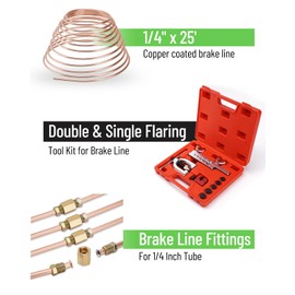 Racewill 25 ft 1/4" Copper Coated Brake Line Kit (Includes 16 Fittings and 4 Unions Brake Line Fittings) + Brake Line Double & Single Flaring Tool Kit
