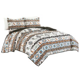 Western Peak 3 Piece Horse Cowboy Hat and Boots Native Indian Pattern Print Quilt Bedding Set with Pillow Shams (Beige, King)