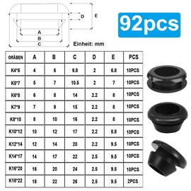 92 Stück Gummitüllen Set, Kabeldurchführung Wasserdichte Gummistopfen, Kabeltülle Durchgangstüllen Gummitülle Kit, Gummi Kabeldurchführungen für Draht und Kabelschutz Leiterdichtung Rings