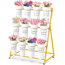 VGMiu Flower Display Stand with 12 Buckets, Metal Flower Cart with Wheels 3 Layers Gold Flower Bar Stand Moving Florist Bouquet Shelf for Party Weddings Ceremony Garden Indoor Outdoor Patio Decor