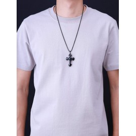 COAI Womens Mens Stainless Steel Chain Religious Cross Black Obsidian Stone Pendant Necklace