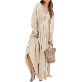 R.Vivimos Maxi Dress for Women Long Sleeve V Neck Empire Waist Layered Ruffle Boho Casual Flowy Long Dresses (Large, Beige)