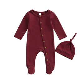 Goelsakurara Newborn Baby Girl Boy Romper Bodysuit Long Sleeve Waffle Footie Jumpsuit Onesie Fall Winter Outfit Clothes with Hat（Waffle-Wine Red,0-3 Months