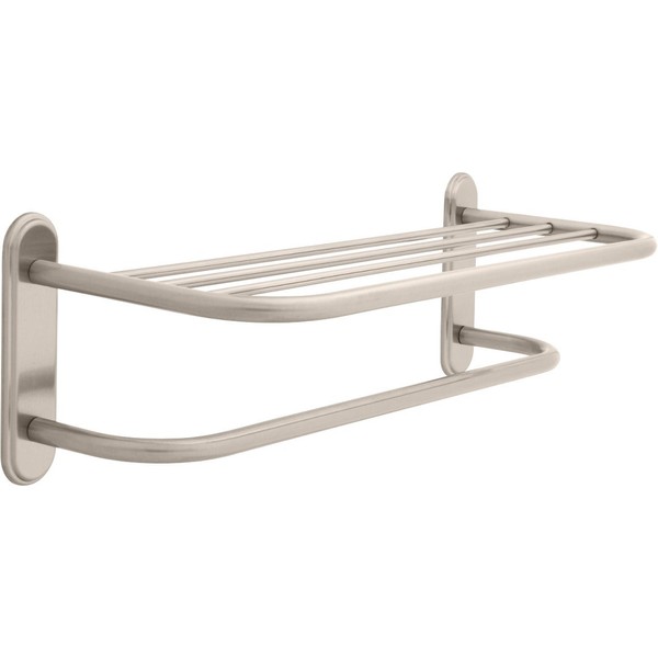 Delta Faucet 43224-SN 24-Inch Brass Towel Shelf with Brass Step Style Beveled Flanges and One Bar, Concealed Mounting, Satin Nickel