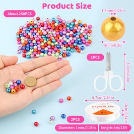 About 250 Pcs 8mm Miracle Beads, Round Laser Reflective Spaced Beads with Elastic Cord and Children's Scissors, Acrylic Bracelet Beads for Jewellery Making