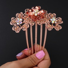 Chargances Luxury Sparkly Flower Rhinestone Hair Comb with Long Teeth Bridal Wedding Champagne Floral Crystal Hair Side Comb Hair Accessories Headpiece for Women and Girls (Champagne)