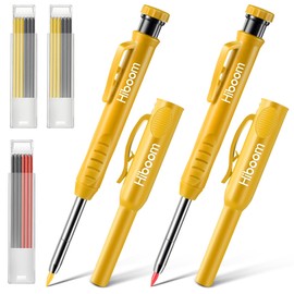 Hiboom 2 Pack Solid Carpenter Pencils with Pencil Cap and 18 Refills, Long Nose Deep Hole Mechanical Pencil Marker, Scribe Tool with Built-in Sharpener for Construction Woodworking Architect (Yellow)