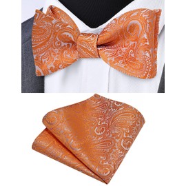 GUSLESON Mens Retro Paisley Self Tied Bow Tie for Wedding Silk Woven Orange Bow tie Pocket Square Set (0652-04)