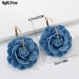 Big Denim Camellia Flower Statement Hoop Earrings for Women Blue Blossom Gold Plated Large Huggie Dangle Drop Earring Fashion Jewelry Gifts Birthday