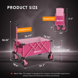Hikzest Collapsible Wagon Cart Foldable, Utility Grocery Wagon with Wheels, Heavy Duty Lightweight Portable Folding Wagon for Outdoor Garden Sports and Shopping, Pink