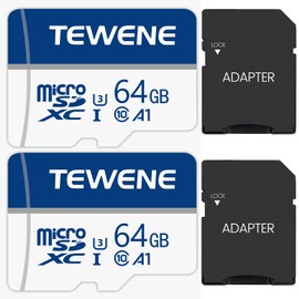 TEWENE TF Card, 64GB 2-Pack Memory Card, Micro Card, High Performance, Super Speed, Class 10 A1 Standards, UHS-I U3, Capacity Expansion, Low / High Temperature, Waterproof, X-Ray Resistant, High