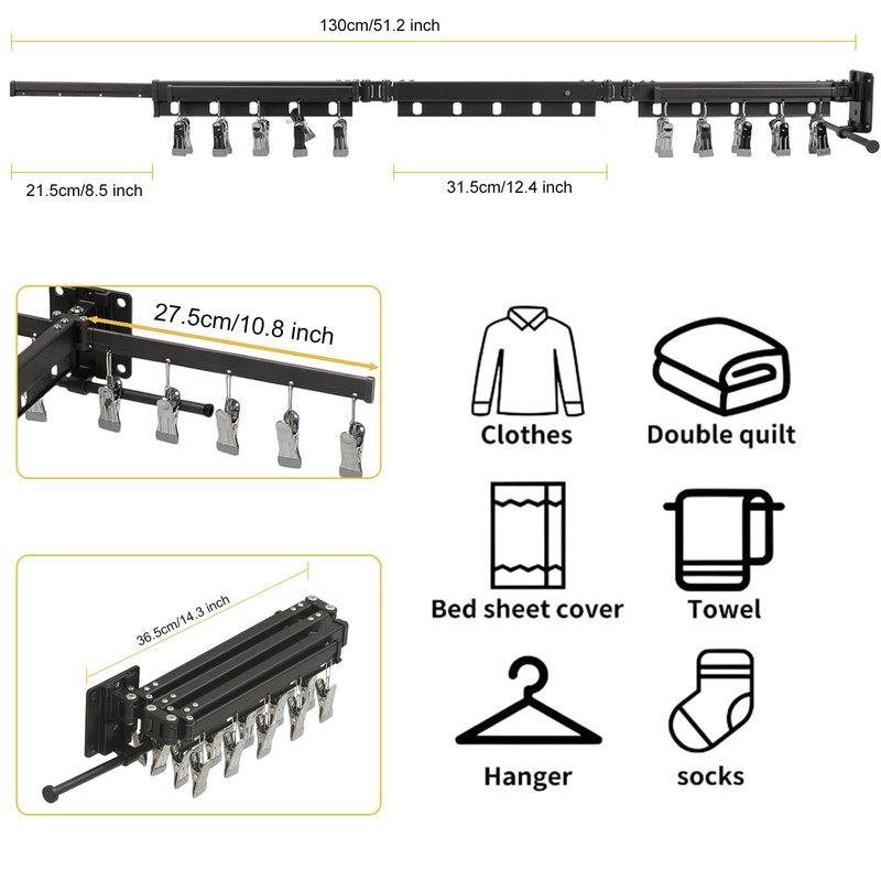 BESy Wall Mounted Laundry Clothes Drying Rack Foldable for Hanging