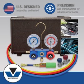 Mastercool 89661-UV Automotive R134a 2-Way Manifold Gauge Set with Mini Dye Injector – U.S. Designed, Assembled, and Tested – Includes 60" Hoses and Manual Couplers