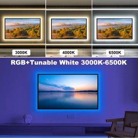Tatazone Bluetooth RGBWW LED Lights for 60-65 Inch TV with App Control, RGB+Tunable White 3000K-6500K TV LED Backlight with RF Remote, Music Sync Indoor USB LED TV Lights for TV, Gaming