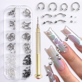 3D Punk Alloy Nail Art Dangle Charms with Piercing Tool Hand Drill, Silver Cone Spike Studs Hanging Rings Metallic Nail Jewelry Rivets Pierced Art Supplies for Tips, Acrylic, Gels Decorations